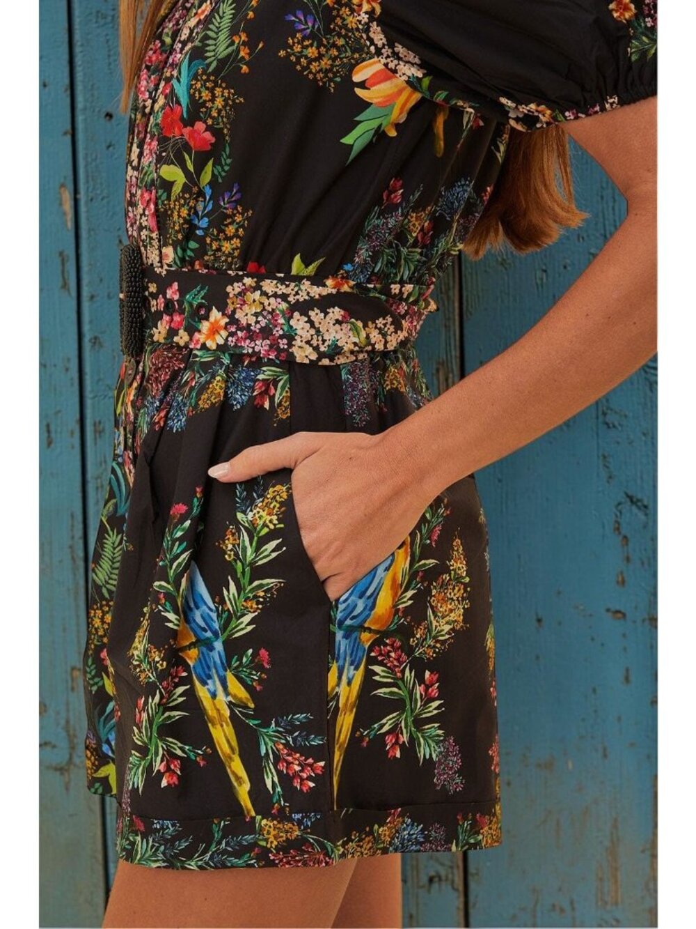 Farm Rio Delicate Forest Belted Embellished Floral Scarves Cotton Romper Medium - Picture 3 of 7